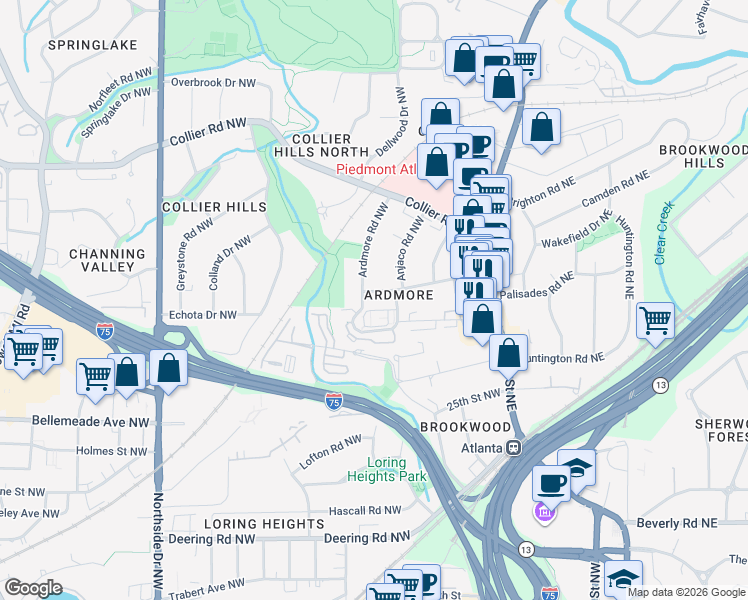 map of restaurants, bars, coffee shops, grocery stores, and more near 342 Ardmore Court Northwest in Atlanta