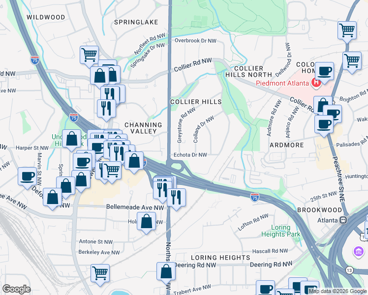 map of restaurants, bars, coffee shops, grocery stores, and more near 548 Echota Drive Northwest in Atlanta