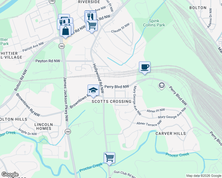 map of restaurants, bars, coffee shops, grocery stores, and more near 2471 Main Street Northwest in Atlanta