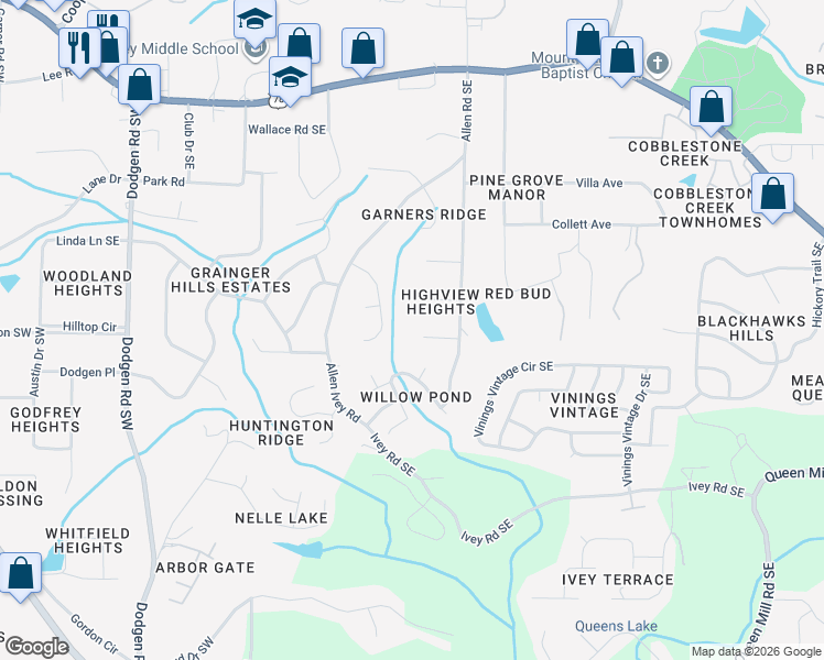 map of restaurants, bars, coffee shops, grocery stores, and more near 244 Laureen Lane Southeast in Mableton