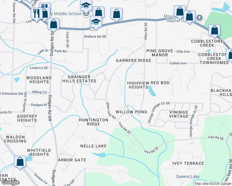 map of restaurants, bars, coffee shops, grocery stores, and more near 5928 Heavenwood Drive Southeast in Mableton