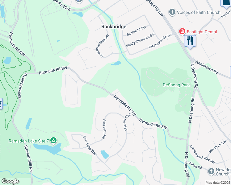 map of restaurants, bars, coffee shops, grocery stores, and more near 2598 Bermuda Road Southwest in Stone Mountain
