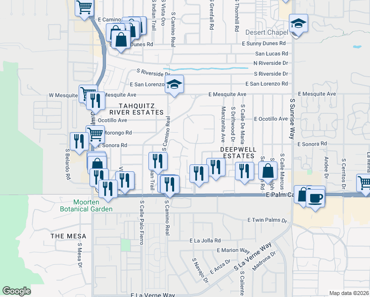 map of restaurants, bars, coffee shops, grocery stores, and more near 1354 South Camino Real in Palm Springs