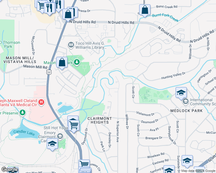 map of restaurants, bars, coffee shops, grocery stores, and more near 2128 Heritage Heights in Decatur