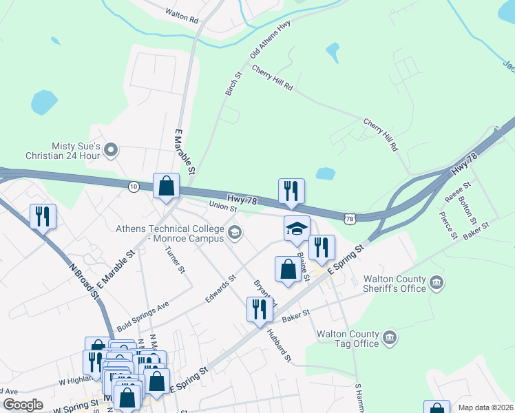 map of restaurants, bars, coffee shops, grocery stores, and more near 250 North Hammond Drive in Monroe