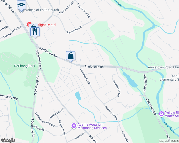 map of restaurants, bars, coffee shops, grocery stores, and more near 4954 Manor Drive Southwest in Stone Mountain