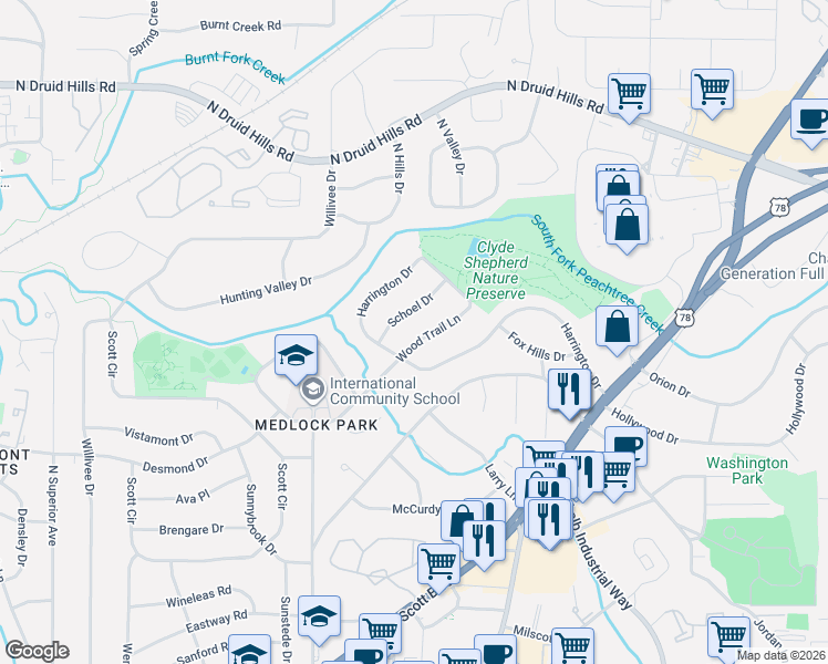 map of restaurants, bars, coffee shops, grocery stores, and more near 2552 Wood Trail Lane in Decatur