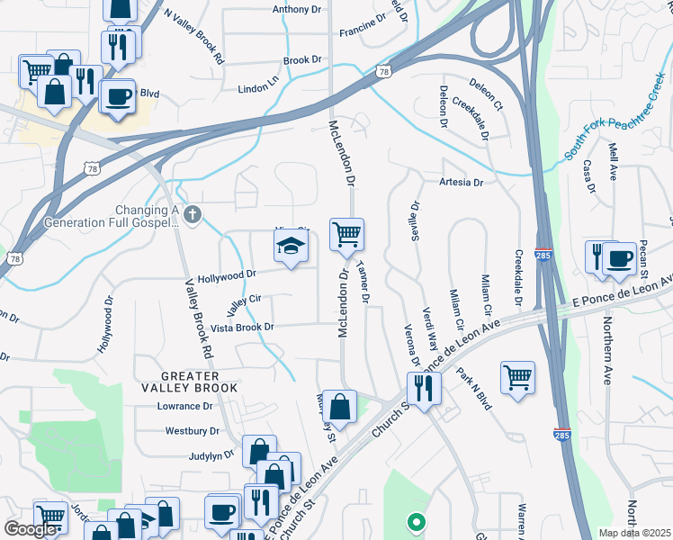 map of restaurants, bars, coffee shops, grocery stores, and more near 3180 Vine Circle in Decatur