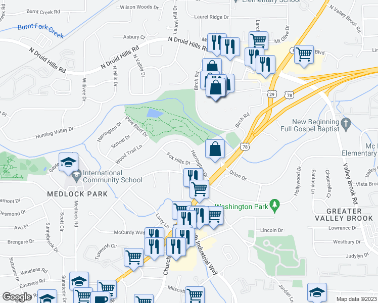map of restaurants, bars, coffee shops, grocery stores, and more near 2685 Harrington Drive in Decatur