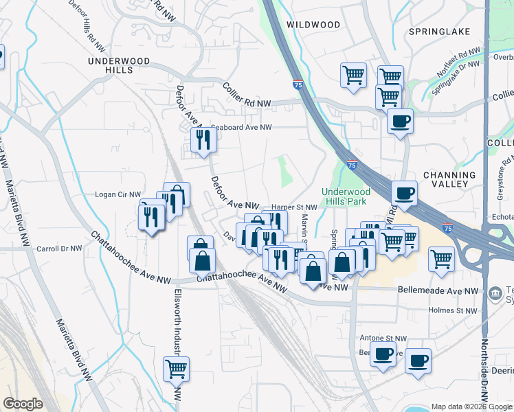 map of restaurants, bars, coffee shops, grocery stores, and more near Defoor Avenue Northwest in Atlanta