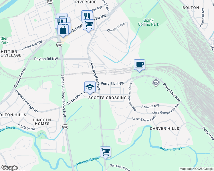 map of restaurants, bars, coffee shops, grocery stores, and more near 2471 Main Street Northwest in Atlanta
