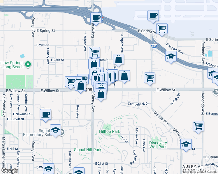 map of restaurants, bars, coffee shops, grocery stores, and more near 2208-2502 E Willow St in Signal Hill