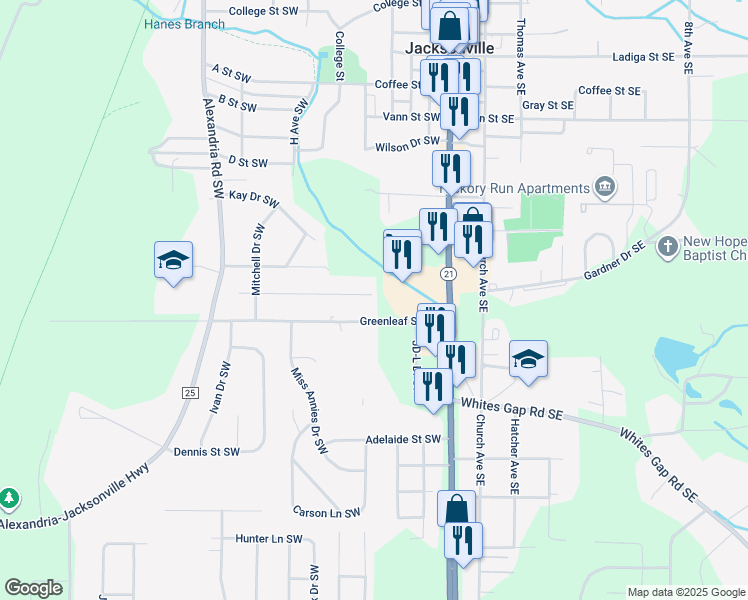 map of restaurants, bars, coffee shops, grocery stores, and more near 3009 Finley Street Southwest in Jacksonville
