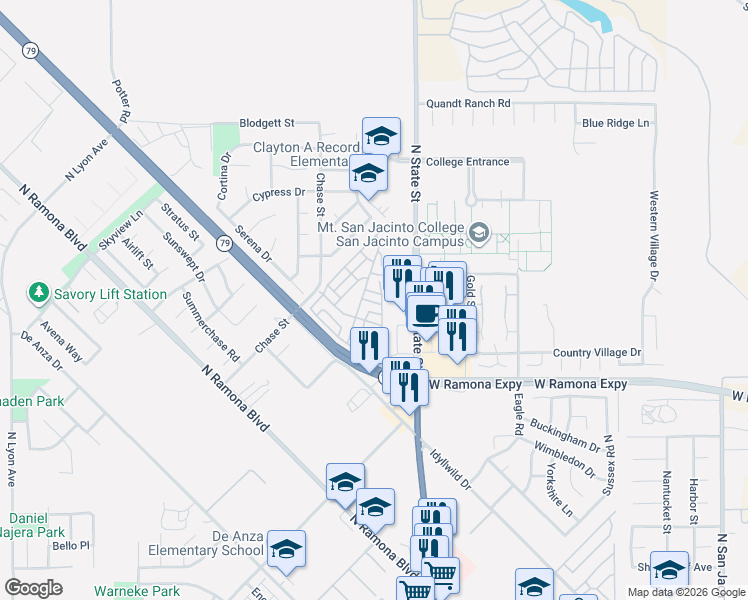 map of restaurants, bars, coffee shops, grocery stores, and more near 843 Fernwood Drive in San Jacinto