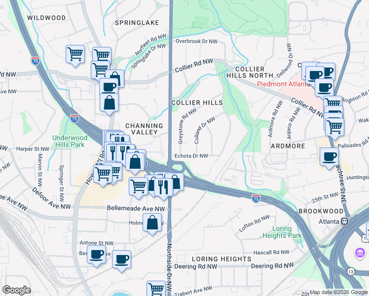 map of restaurants, bars, coffee shops, grocery stores, and more near 548 Echota Drive Northwest in Atlanta
