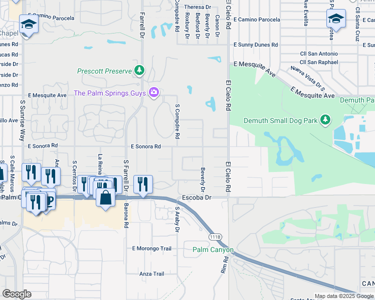 map of restaurants, bars, coffee shops, grocery stores, and more near 2955 East Sonora Road in Palm Springs