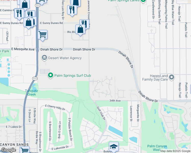 map of restaurants, bars, coffee shops, grocery stores, and more near 1520 Spyglass Plaza in Palm Springs