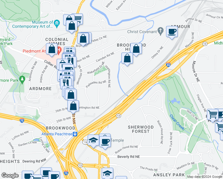 map of restaurants, bars, coffee shops, grocery stores, and more near 171 Huntington Road Northeast in Atlanta