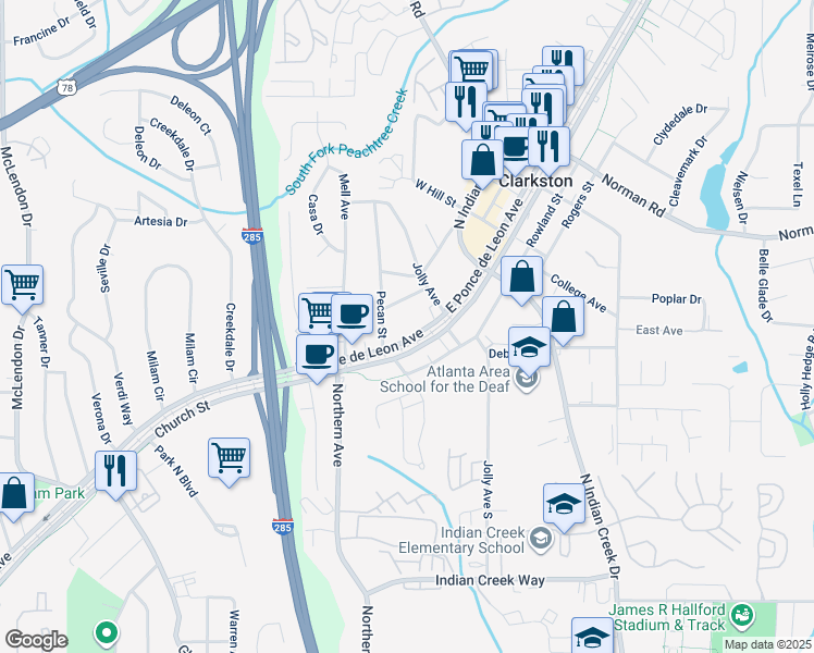 map of restaurants, bars, coffee shops, grocery stores, and more near 3986 East Ponce de Leon Avenue in Clarkston