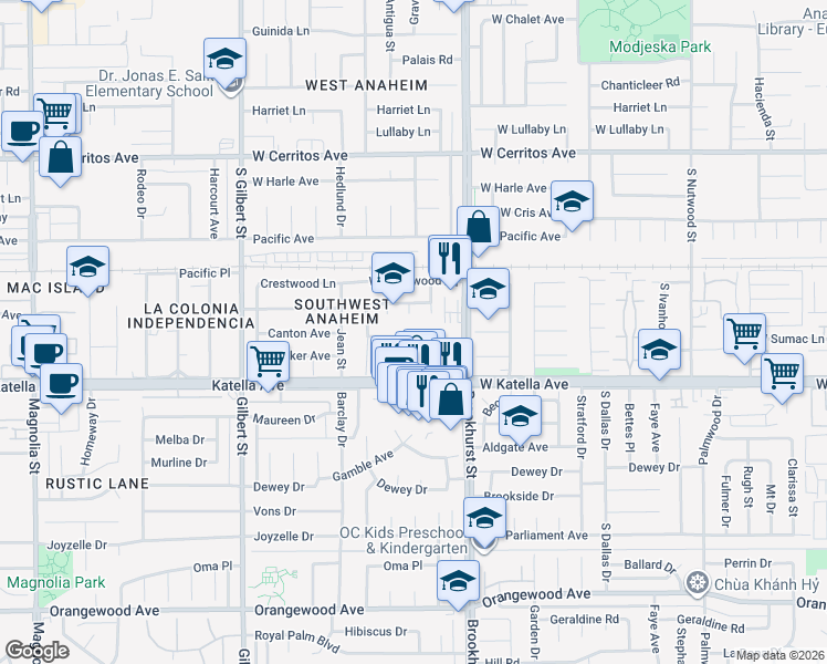 map of restaurants, bars, coffee shops, grocery stores, and more near 2239 West Judith Lane in Anaheim