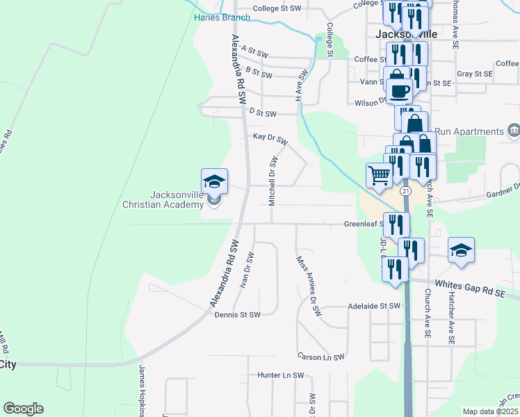 map of restaurants, bars, coffee shops, grocery stores, and more near 1111 Finley Street Southwest in Jacksonville