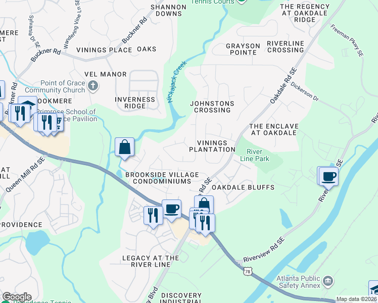 map of restaurants, bars, coffee shops, grocery stores, and more near 5970 Brookside Drive Southeast in Mableton