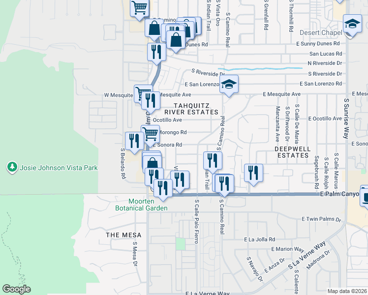 map of restaurants, bars, coffee shops, grocery stores, and more near 241 East Morongo Road in Palm Springs