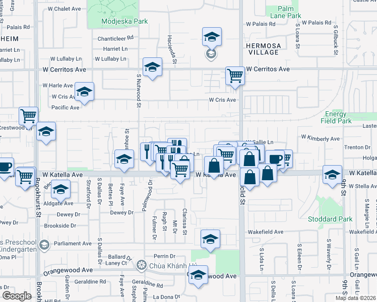 map of restaurants, bars, coffee shops, grocery stores, and more near 1803 W Sumac Ln in Anaheim