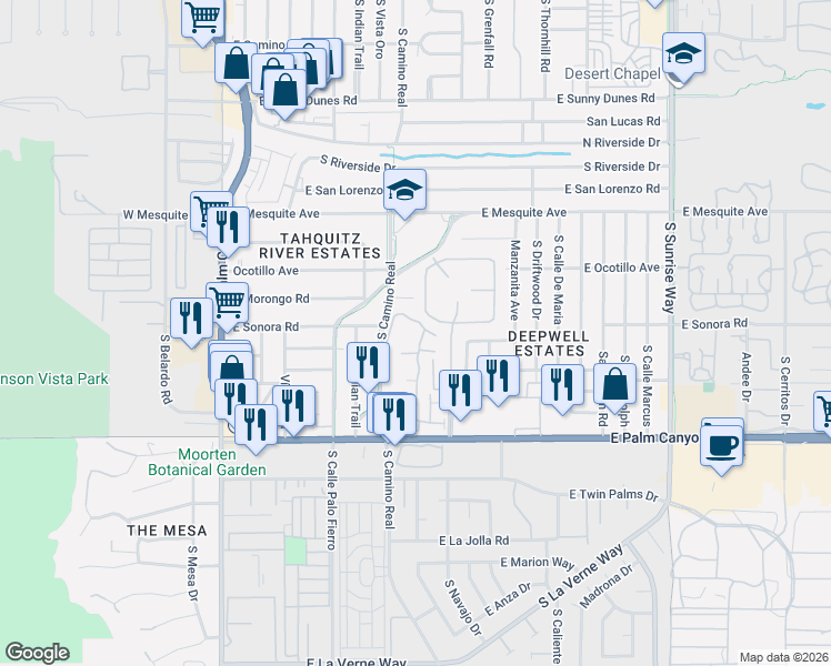 map of restaurants, bars, coffee shops, grocery stores, and more near 1333 Primavera Drive West in Palm Springs
