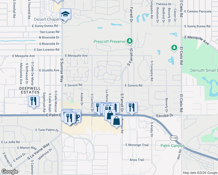 map of restaurants, bars, coffee shops, grocery stores, and more near 2305 East Sonora Road in Palm Springs