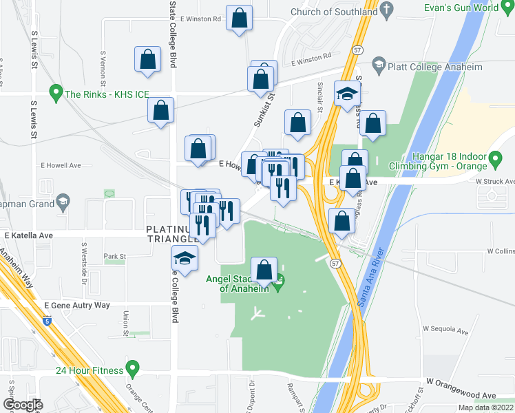 map of restaurants, bars, coffee shops, grocery stores, and more near 2300 East Katella Avenue in Anaheim