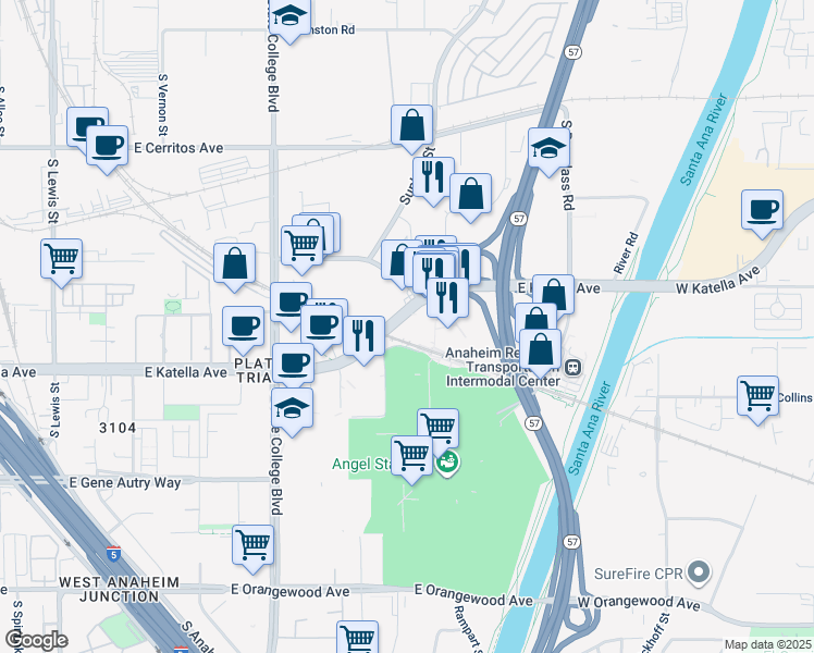 map of restaurants, bars, coffee shops, grocery stores, and more near 2300 East Katella Avenue in Anaheim