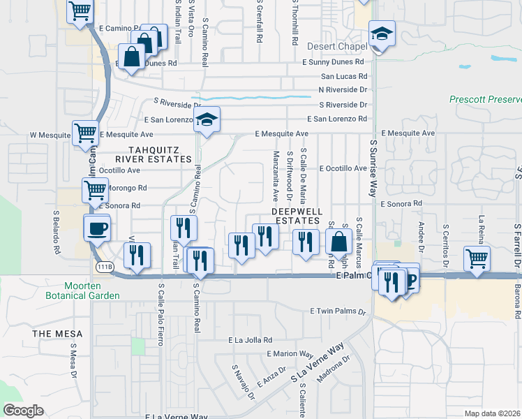 map of restaurants, bars, coffee shops, grocery stores, and more near 13 Palomino Road in Palm Springs
