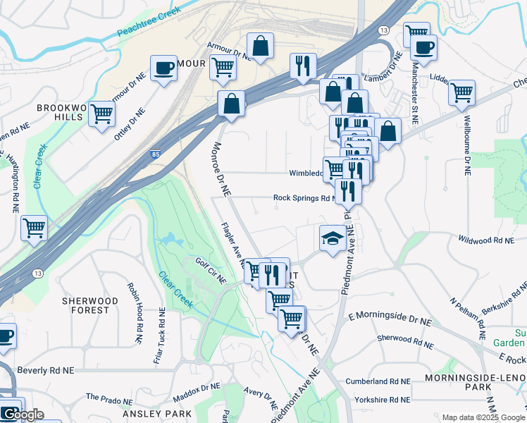 map of restaurants, bars, coffee shops, grocery stores, and more near 1850 Rock Springs Lane in Atlanta