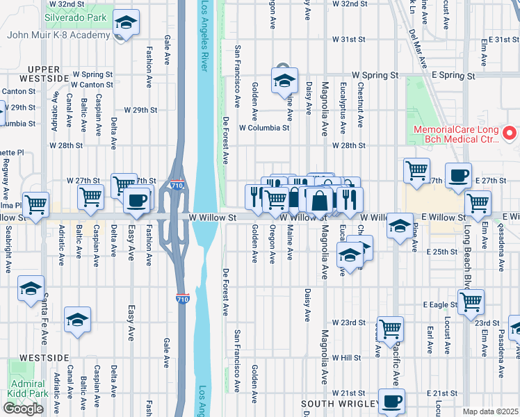 map of restaurants, bars, coffee shops, grocery stores, and more near 2661 Oregon Avenue in Long Beach