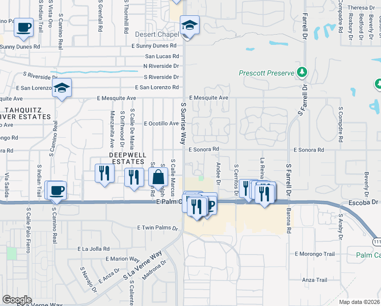 map of restaurants, bars, coffee shops, grocery stores, and more near 1717 East Sonora Road in Palm Springs
