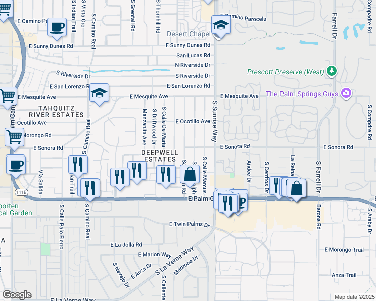 map of restaurants, bars, coffee shops, grocery stores, and more near 1414 Sagebrush Road in Palm Springs