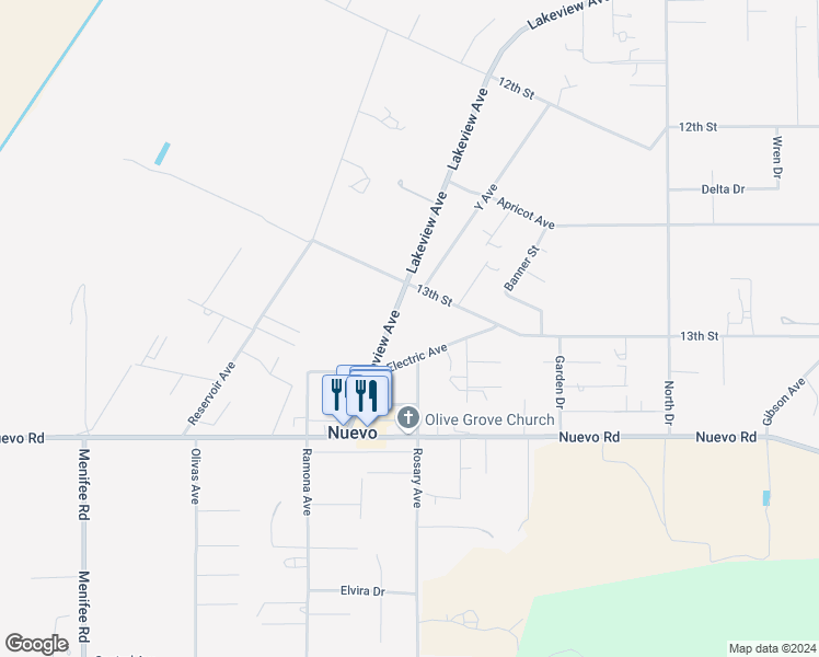 map of restaurants, bars, coffee shops, grocery stores, and more near Lakeview Avenue in Nuevo