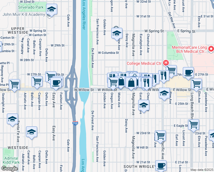 map of restaurants, bars, coffee shops, grocery stores, and more near 2661 Oregon Avenue in Long Beach