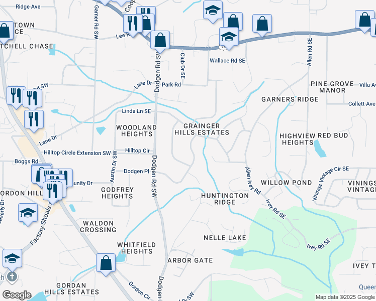 map of restaurants, bars, coffee shops, grocery stores, and more near 6086 Venetian Way Southwest in Mableton