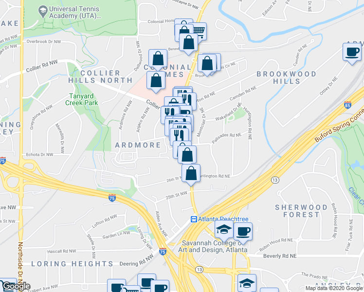 map of restaurants, bars, coffee shops, grocery stores, and more near 2479 Peachtree Street Northeast in Atlanta