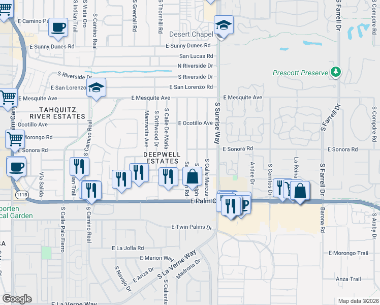 map of restaurants, bars, coffee shops, grocery stores, and more near 1350 Sagebrush Road in Palm Springs