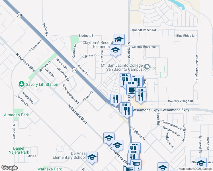 map of restaurants, bars, coffee shops, grocery stores, and more near 954 Evergreen Drive in San Jacinto