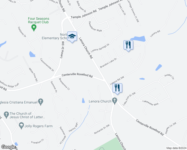 map of restaurants, bars, coffee shops, grocery stores, and more near 3053 Centerville Rosebud Road in Snellville