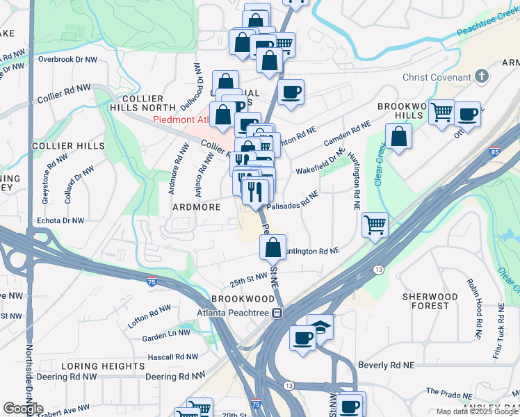 map of restaurants, bars, coffee shops, grocery stores, and more near 2475 Peachtree Street Northeast in Atlanta