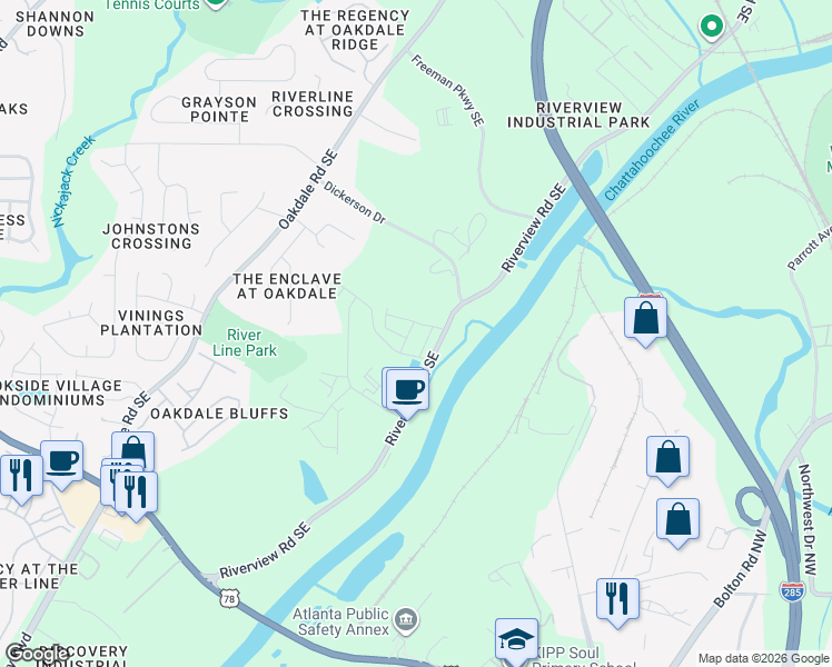 map of restaurants, bars, coffee shops, grocery stores, and more near 6148 Riverview Road Southeast in Mableton