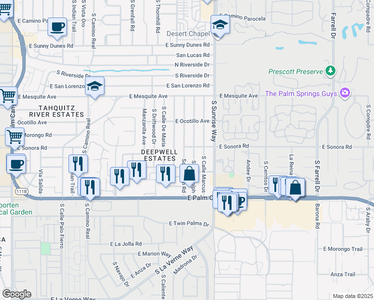map of restaurants, bars, coffee shops, grocery stores, and more near 1414 Sagebrush Road in Palm Springs