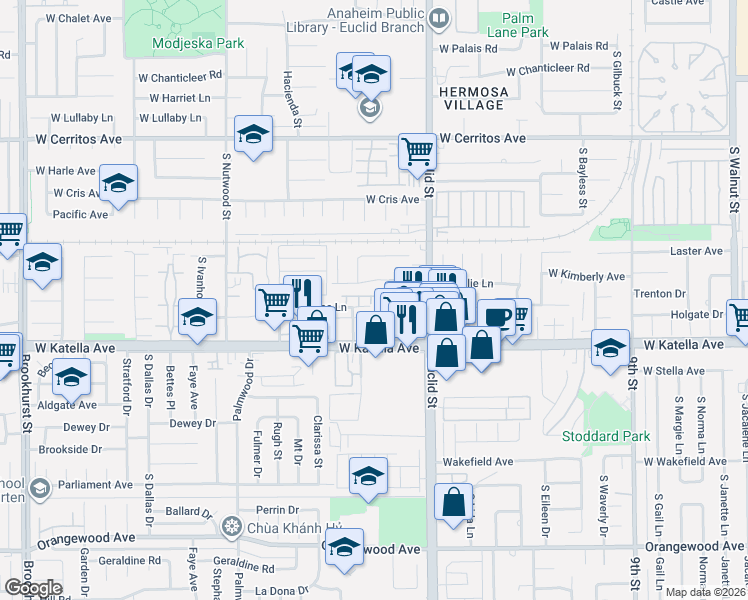 map of restaurants, bars, coffee shops, grocery stores, and more near 1741 West Sallie Lane in Anaheim