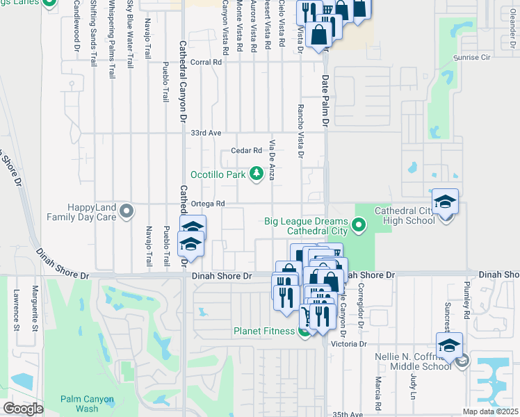 map of restaurants, bars, coffee shops, grocery stores, and more near 33425 Via De Anza in Cathedral City