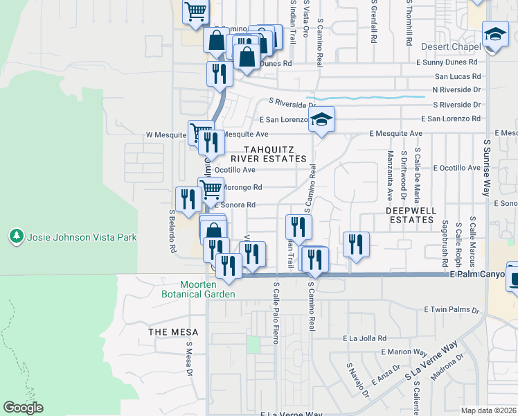 map of restaurants, bars, coffee shops, grocery stores, and more near 241 East Morongo Road in Palm Springs